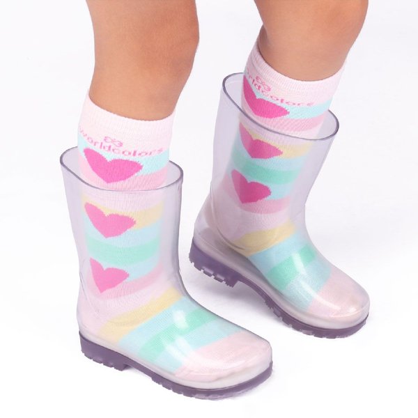 Kit Bota Galocha Transparente Infantil Com Meia Divertida Listrada